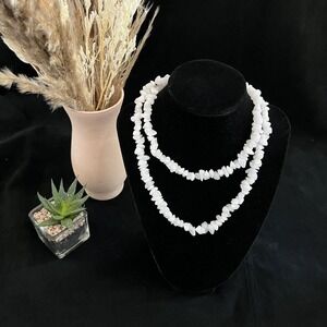 Necklace Polished Agate White Stones Gold Clasp 30" Long VTG Retro Boho